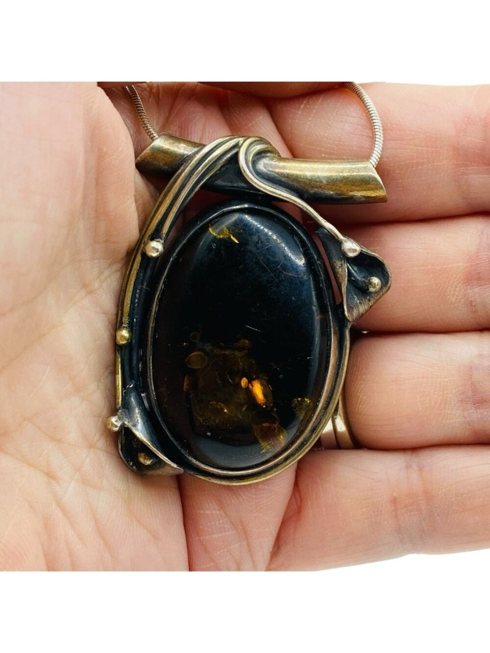 Vintage Sterling Silver Amber Pendant Necklace Art Nouveau Ornate Floral Large